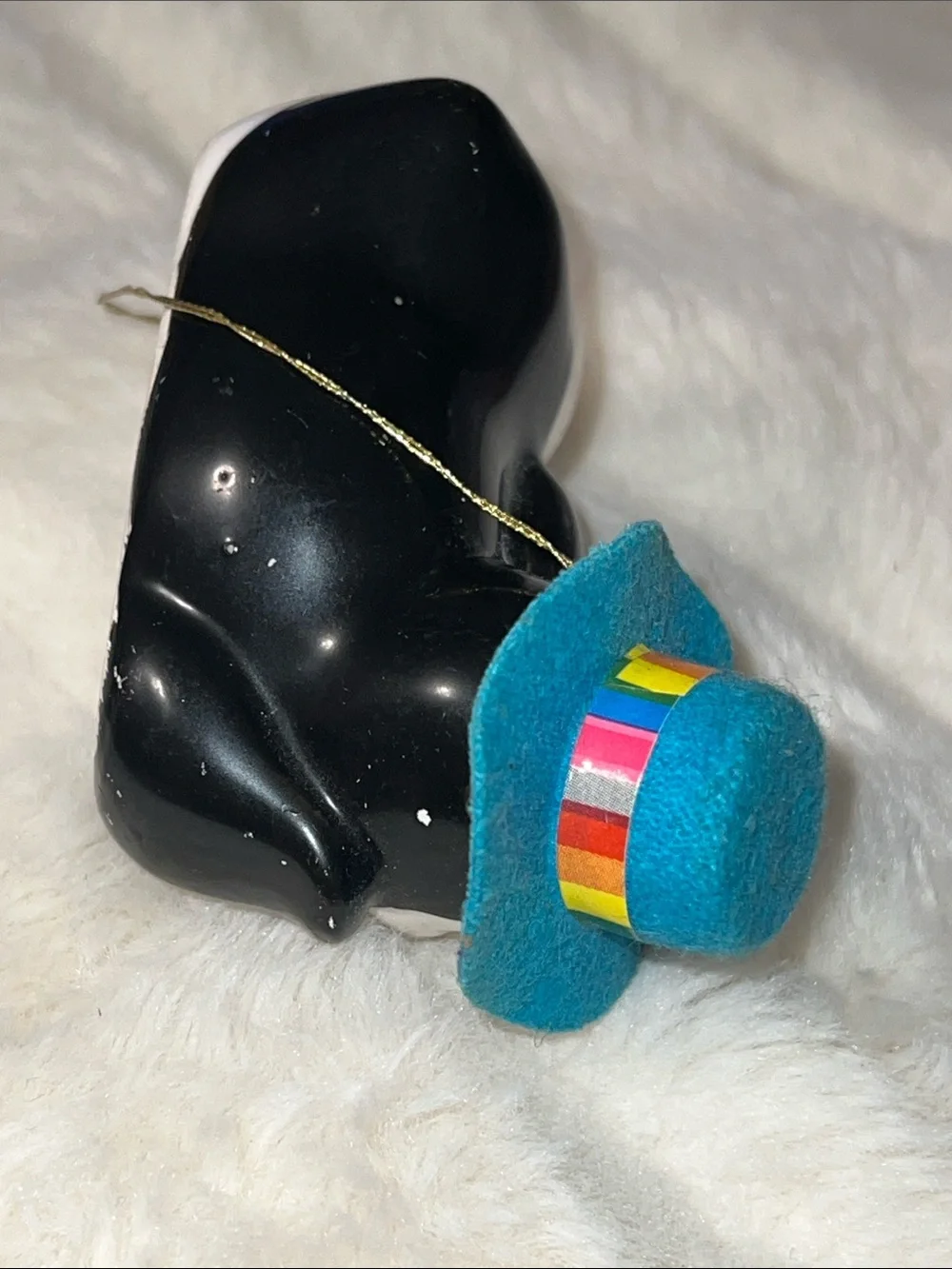 Vintage 1980s Ceramic Lounging Penguin Figurine Rainbow Top Hat Kitsch